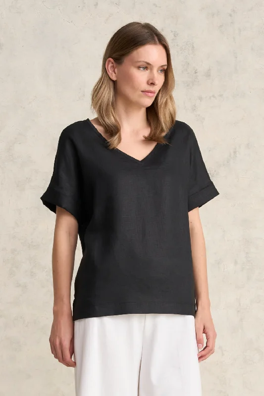 Linen Mix V-Neck Top - Black Casual Women's Japanese  Casual Women's Japanese 