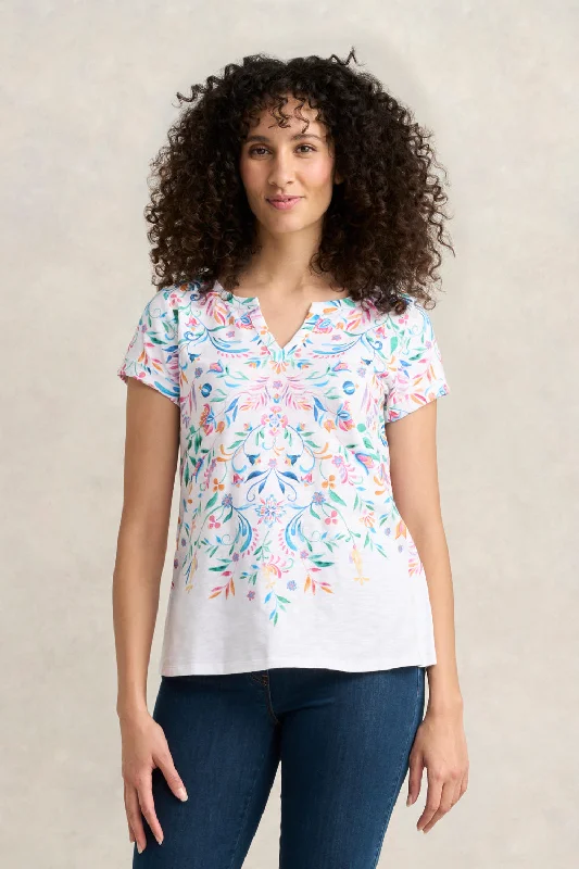Notch Neck Cotton Tee - Jeanne Border Print Hip Women's Retro Hip Women's Retro
