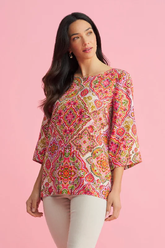 French Linen Button Detail Top - Pink Tile Print European European