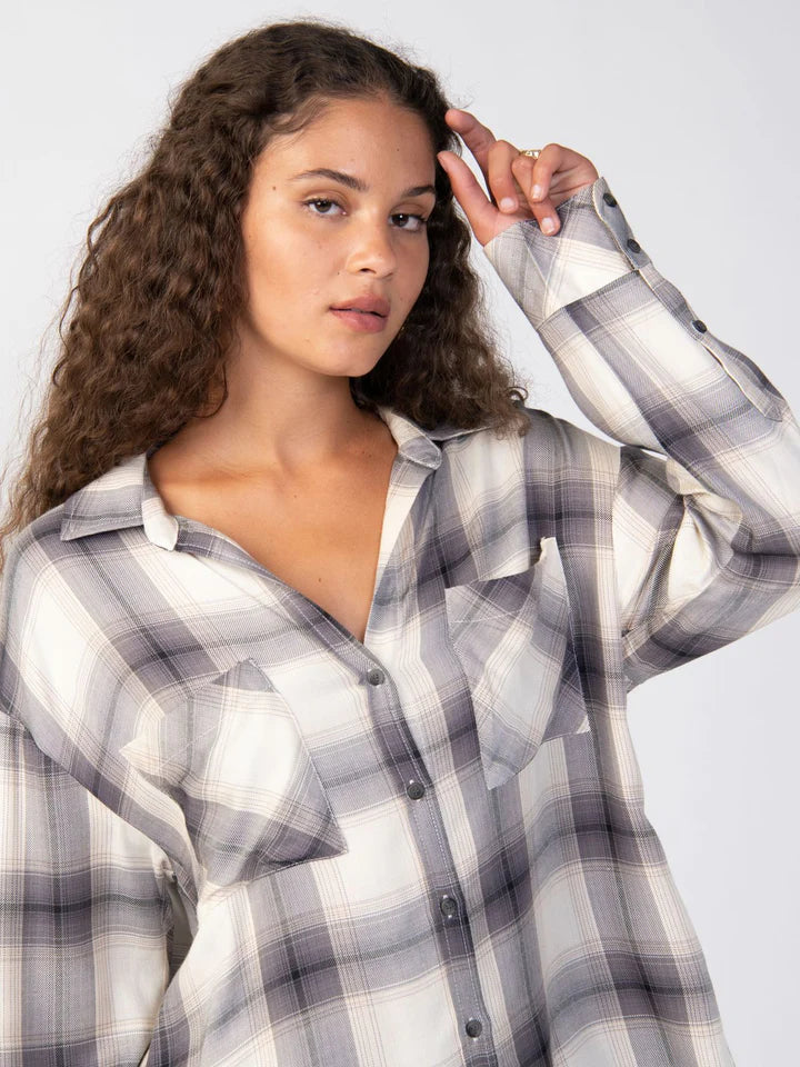 Slit Back Tunic Blouse Faded Black Plaid Compression Compression