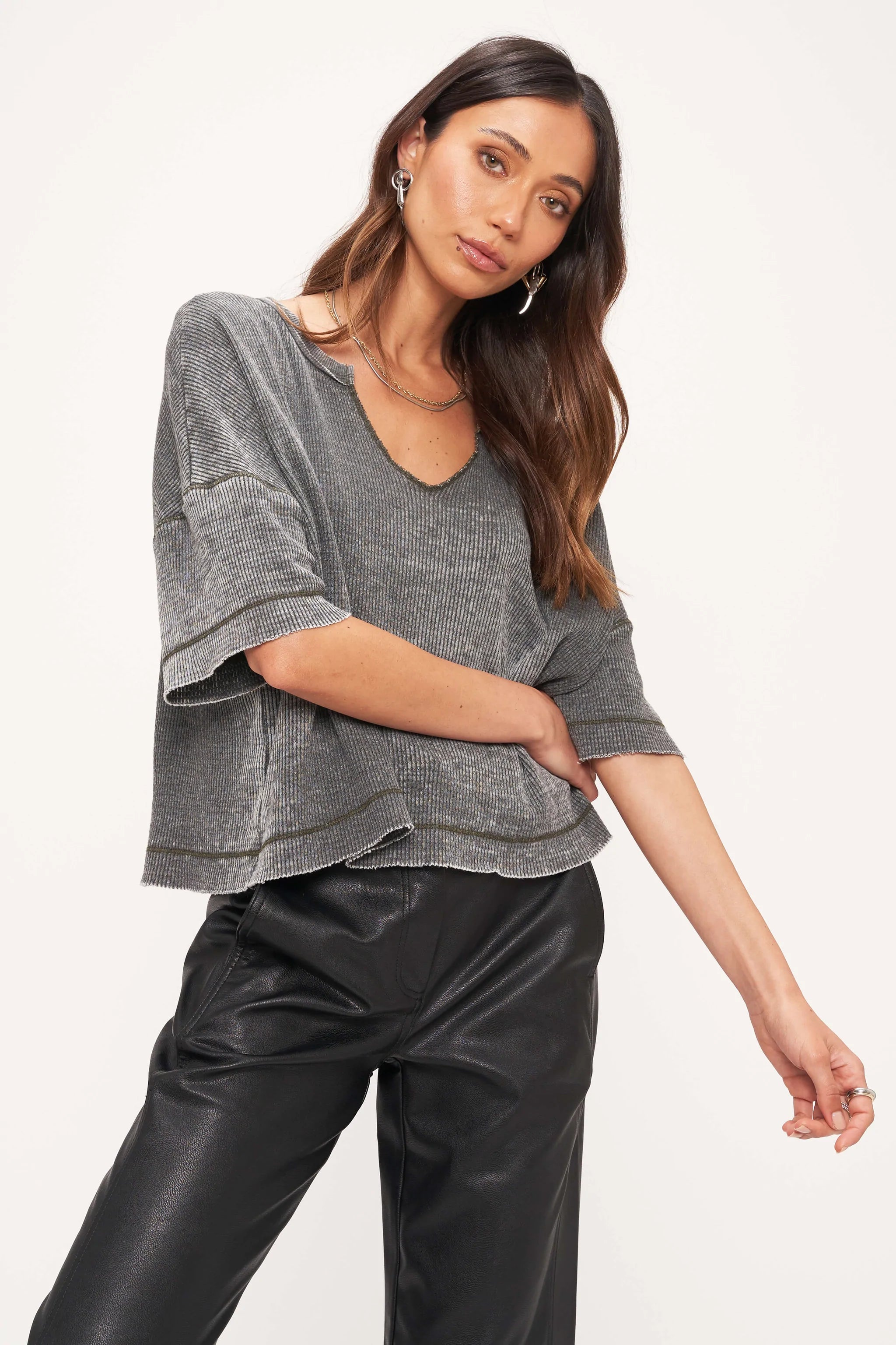 Keepin' It Real Notch Neck Burnout Tee Cozy Women's Winter Cozy Women's Winter