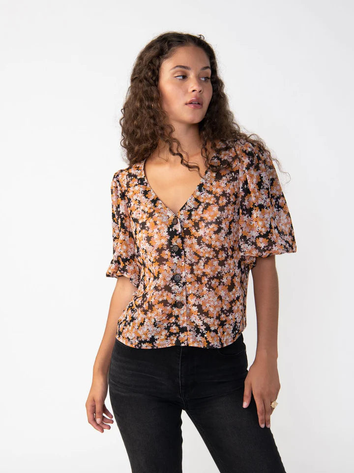 Puff Sleeve Button Front Blouse Geometric Geometric
