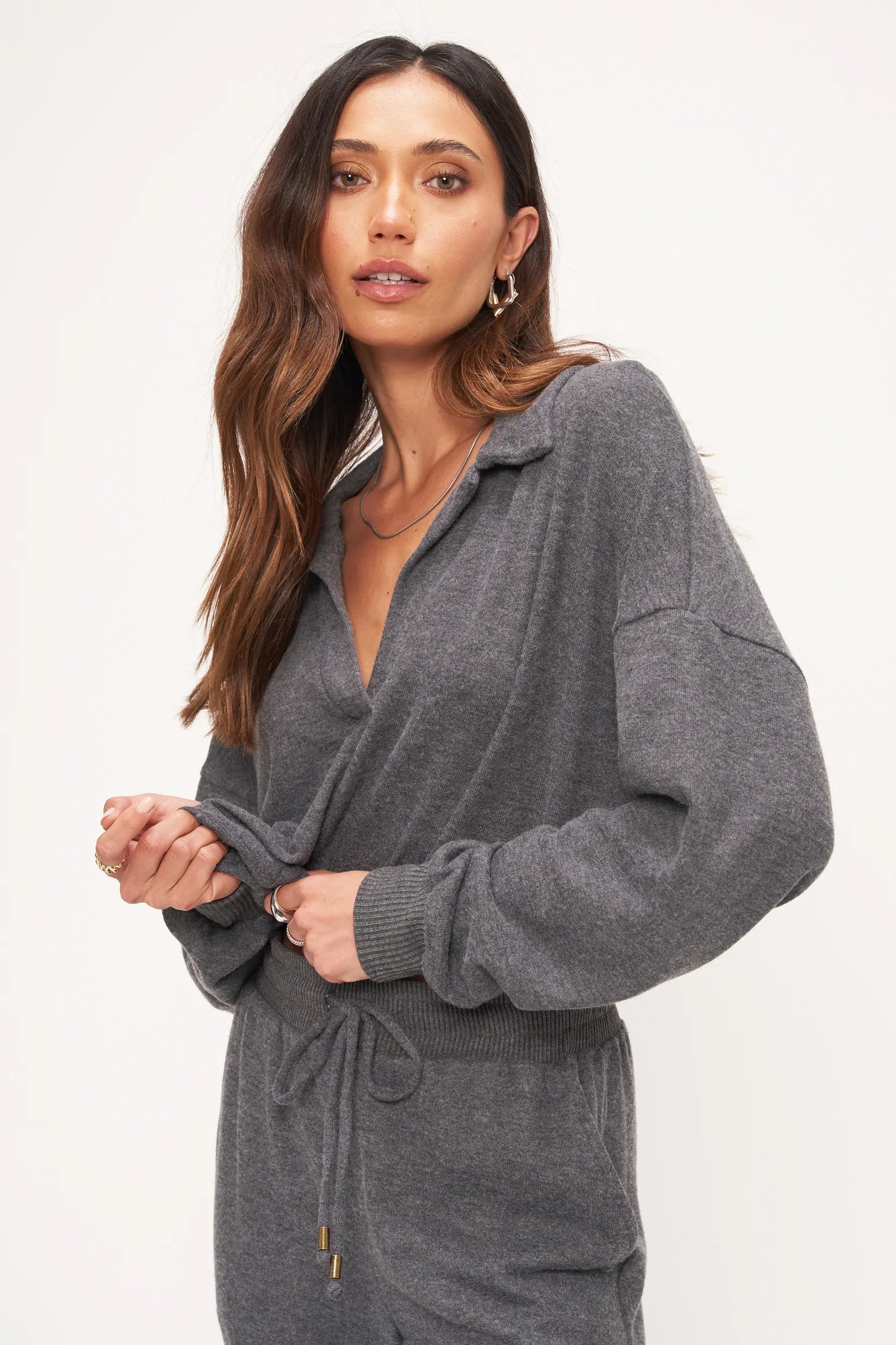 Callisto Heathered Cozy Collared Top Cool Women's Distressed Cool Women's Distressed