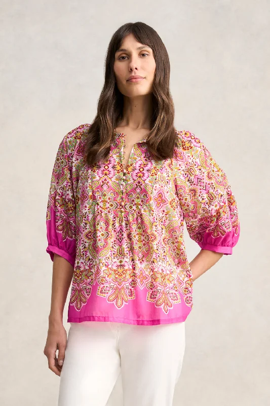 Cotton Blouse - Moroccan Tile Print Dapper Women's Bow - adorned Dapper Women's Bow - adorned Cotton Blouse - Moroccan Tile Print Dapper Women's Bow - adorned Dapper Women's Bow - adorned
