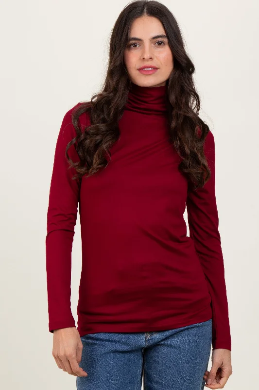 Burgundy Brushed Knit Basic Turtleneck Top Business Business