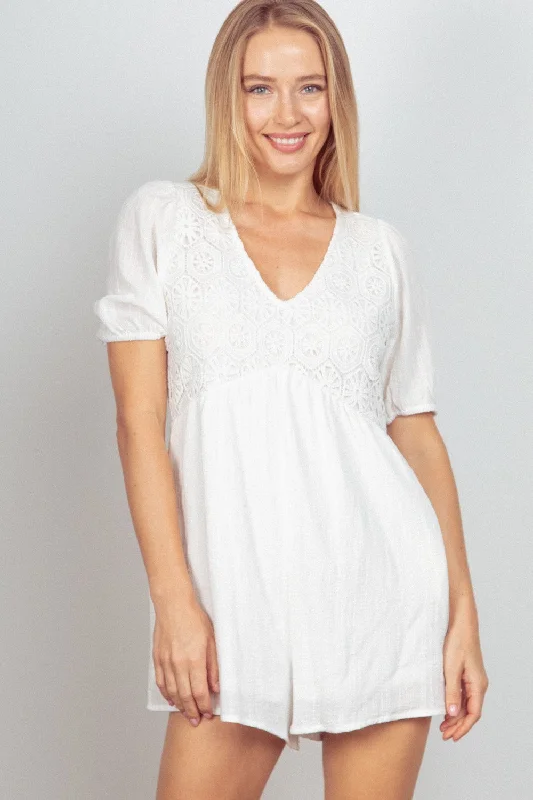 VERY J Lace Detail Puff Sleeve Romper with Pockets Cashmere Cashmere