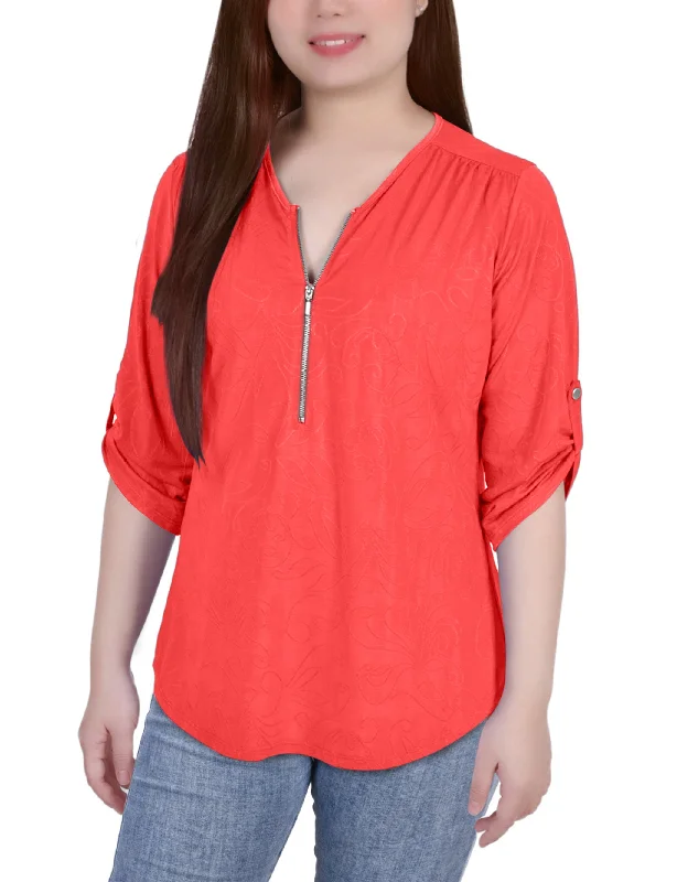 3/4 Roll Tab Zip Front Jacquard Knit Top Earthy Women's  Earthy Women's 