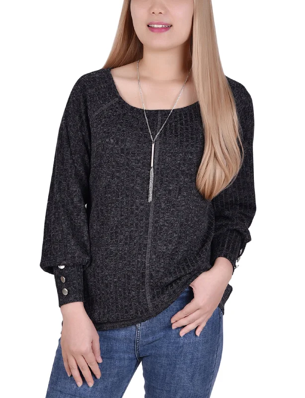 Long Sleeve Ribbed Pullover Top With Detachable Necklace Elegant Women's Elegant Women's Long Sleeve Ribbed Pullover Top With Detachable Necklace Elegant Women's Elegant Women's