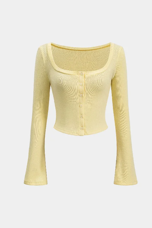 Knit Button Square Neck Bell Sleeve Top Classic Women's Pin - striped Classic Women's Pin - striped Knit Button Square Neck Bell Sleeve Top Classic Women's Pin - striped Classic Women's Pin - striped