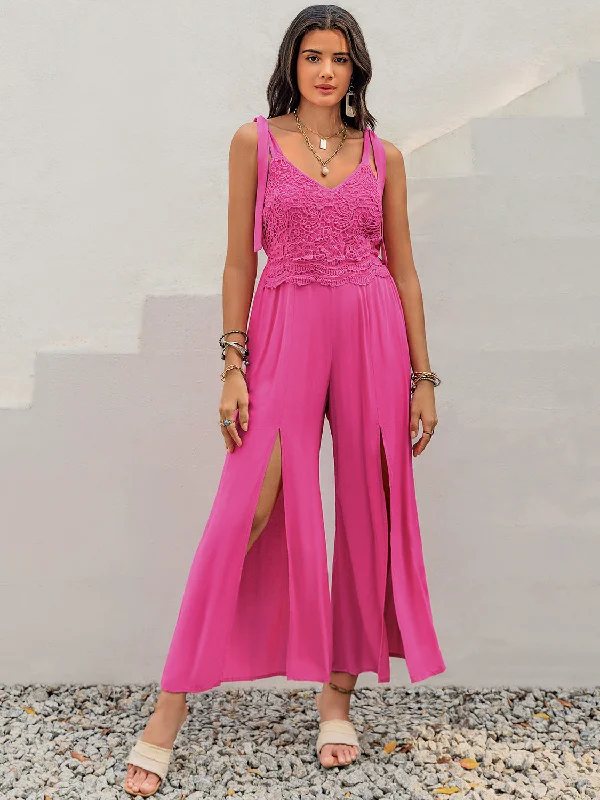 V-Neck Wide Strap Slit Jumpsuit Bohemian Women's Free Bohemian Women's Free