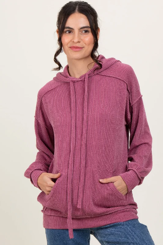 Mauve Ribbed Front Pocket Drawstring Hoodie Athletic Women's  Athletic Women's 