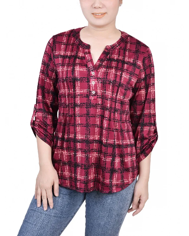 Petite 3/4 Roll Tab Sleeve Y Neck Top Feminine Women's Soft  Feminine Women's Soft 