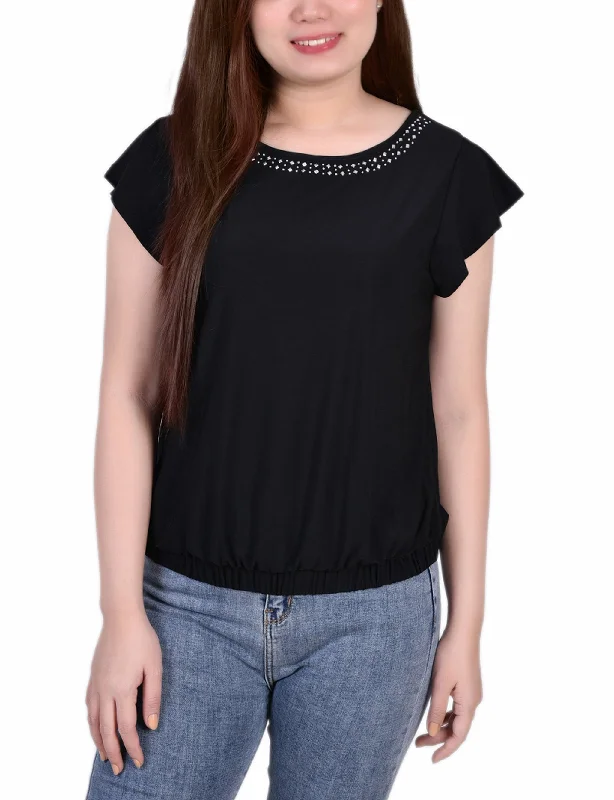 Petite Short Flutter Sleeve Top With Studded Neckline Confident Women's High - fashion Confident Women's High - fashion Petite Short Flutter Sleeve Top With Studded Neckline Confident Women's High - fashion Confident Women's High - fashion