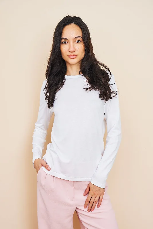Lyocell Cotton Long Sleeve Semi Relaxed Crewneck in Blanc Street Street