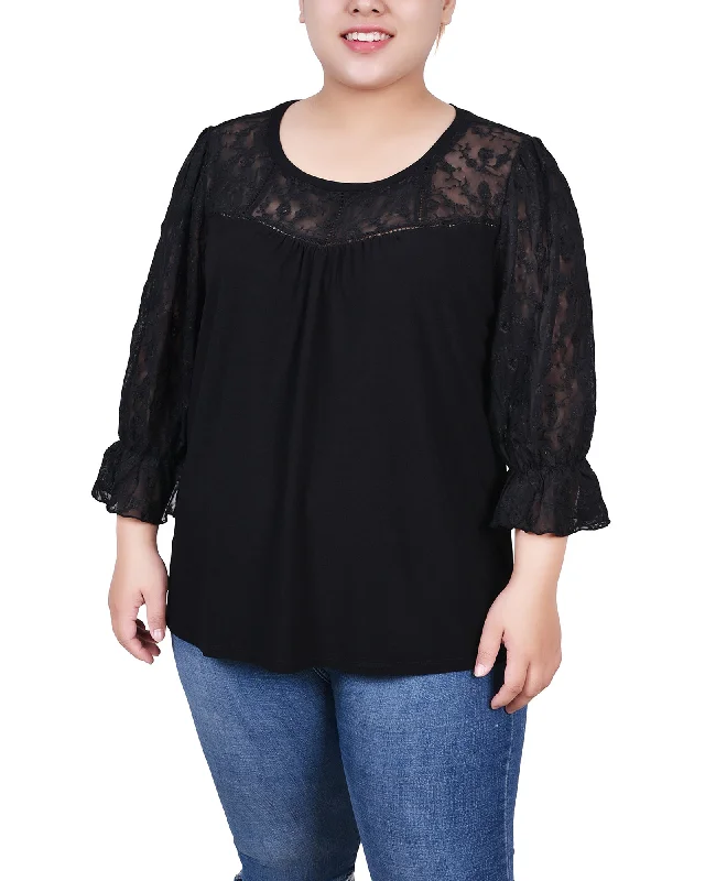 Plus Size 3/4 Sleeve Crepe Top With Embroidered Mesh Yoke And Sleeves Refined Women's Hand - crafted Refined Women's Hand - crafted Plus Size 3/4 Sleeve Crepe Top With Embroidered Mesh Yoke And Sleeves Refined Women's Hand - crafted Refined Women's Hand - crafted