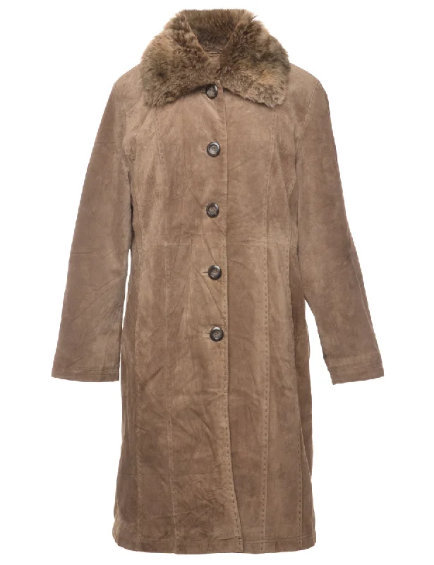 Single-Breasted Brown Suede Coat - M Dapper Women's Bow - adorned Dapper Women's Bow - adorned