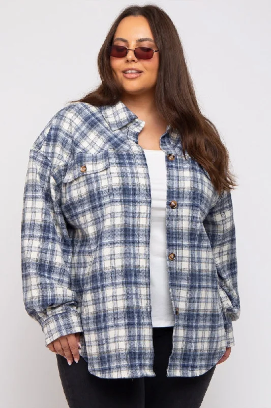 Navy Blue Flannel Plaid Button Up Plus Shacket Athletic Women's  Athletic Women's 