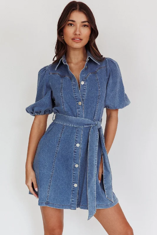 Myleigh Puff Sleeve Waist Tie Mini Dress Denim Blue Vacation Vacation