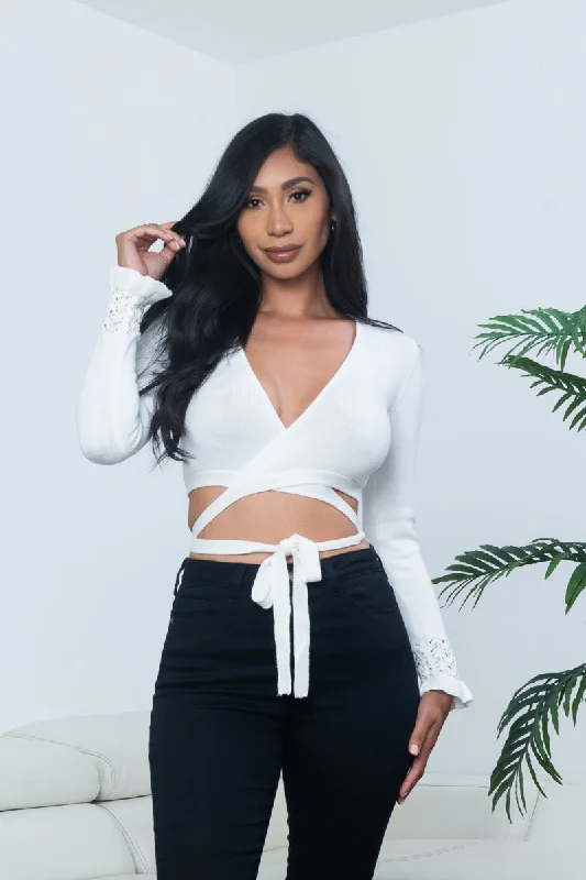 'Classy Chic'Knit Surplice Wrap Crop Top with Extended Waist Ties and Lettuce Hem Cuffed Long Sleeves in Off White* (LT16628-FCI) Monochromatic All - in - one Monochromatic All - in - one 'Classy Chic'Knit Surplice Wrap Crop Top with Extended Waist Ties and Lettuce Hem Cuffed Long Sleeves in Off White* (LT16628-FCI) Monochromatic All - in - one Monochromatic All - in - one