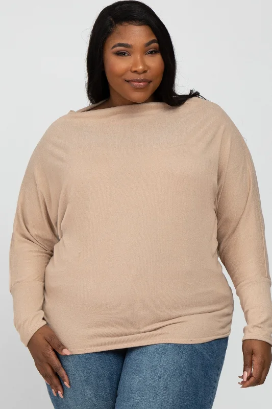 Beige Soft Knit Off Shoulder Plus Top Geometric Geometric