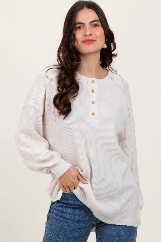 Cream Oversized Ribbed Knit Henley Sweater Youthful Women's Anime - inspired Youthful Women's Anime - inspired Cream Oversized Ribbed Knit Henley Sweater Youthful Women's Anime - inspired Youthful Women's Anime - inspired