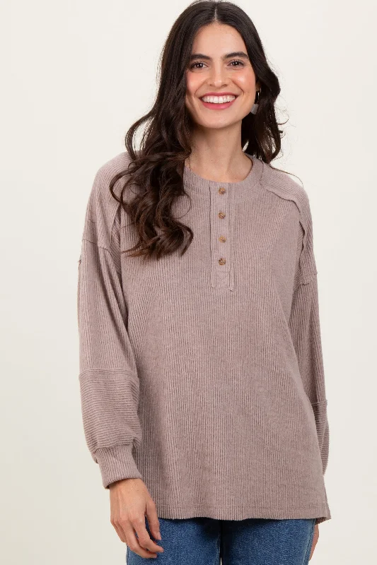 Beige Oversized Ribbed Knit Henley Sweater French French