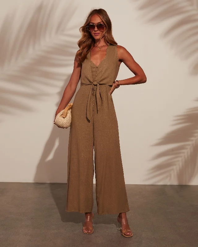 Ibiza Jaunt Front Tie Linen Jumpsuit Edgy Women's Punk Edgy Women's Punk