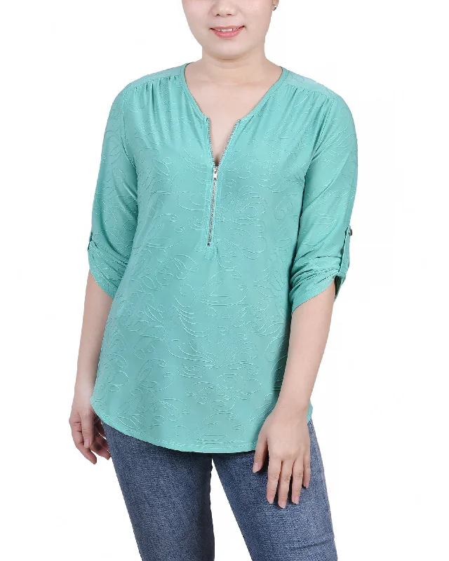 Petite 3/4 Roll Tab Zip Front Jacquard Knit Top Cool Women's Distressed Cool Women's Distressed Petite 3/4 Roll Tab Zip Front Jacquard Knit Top Cool Women's Distressed Cool Women's Distressed
