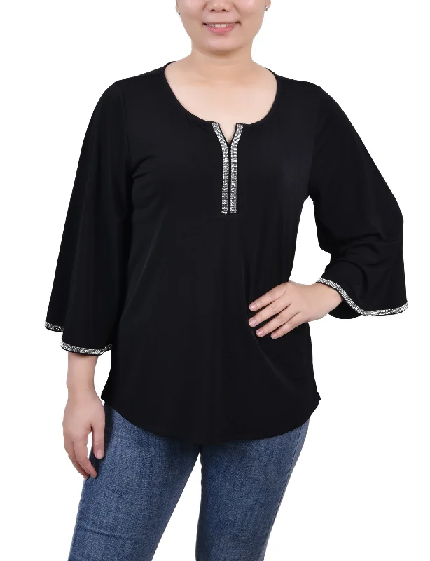 3/4 Bell Sleeve Top With Stones Compression Compression