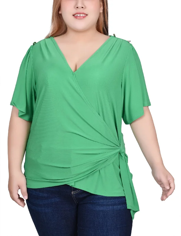 Plus Size Short Sleeve Wrap Top Preppy Women's College Preppy Women's College