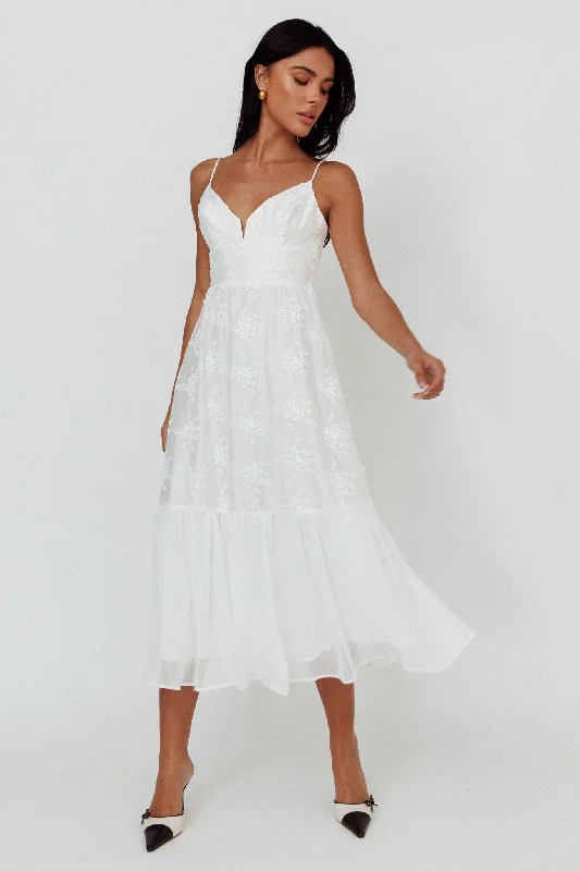 Lake Como Floral Embroidered Midi Dress White Edgy Women's Punk Edgy Women's Punk