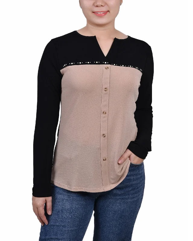 Petite Long Sleeve Studded Colorblocked Split Neck Top Modern Women's Modern Women's Petite Long Sleeve Studded Colorblocked Split Neck Top Modern Women's Modern Women's