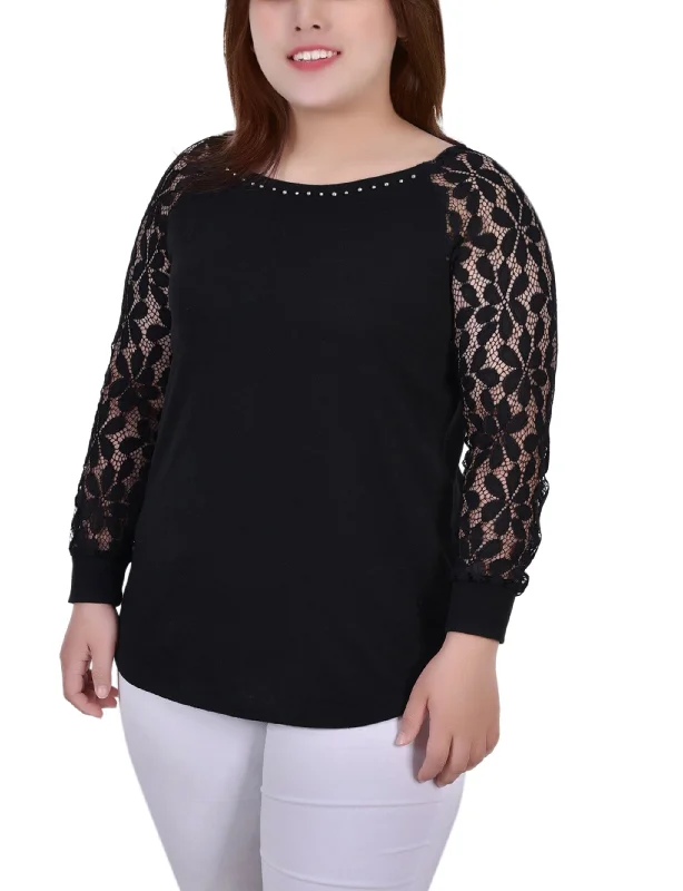 Plus Size Long Lace Sleeve Top Preppy Women's College Preppy Women's College