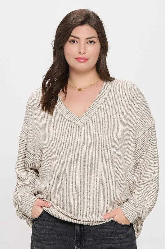 ARIA PLUS STRIPED DROP SHOULDER V NECK KNIT TOP 1XL-3XL Cashmere Cashmere