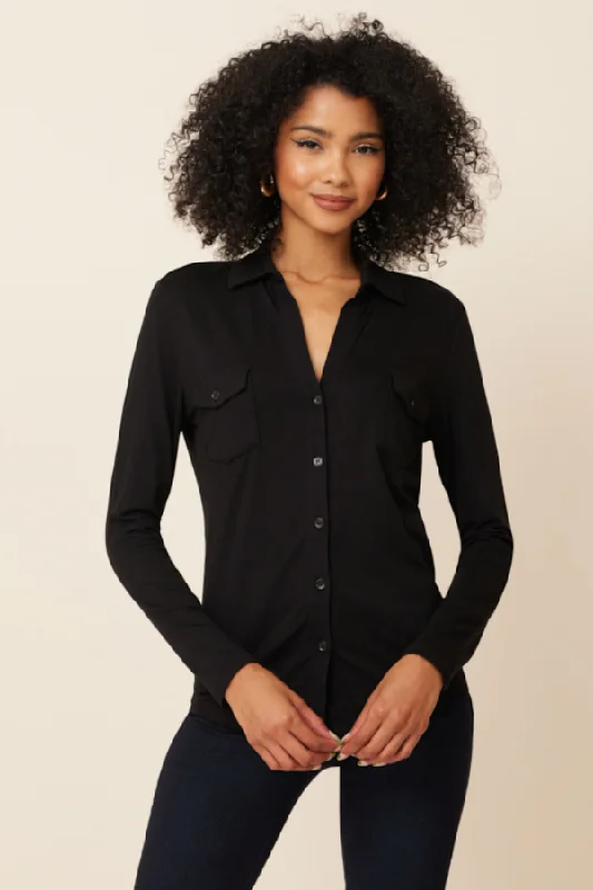 Majestic Soft Touch Long Sleeve Button front Pocket Shirt in Noir/black Edgy Women's Punk Edgy Women's Punk Majestic Soft Touch Long Sleeve Button front Pocket Shirt in Noir/black Edgy Women's Punk Edgy Women's Punk