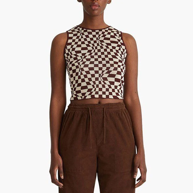 Swirl Checkered Print Crew Neck Sleeveless Fitted Knit Crop Top Cool Women's Distressed Cool Women's Distressed Swirl Checkered Print Crew Neck Sleeveless Fitted Knit Crop Top Cool Women's Distressed Cool Women's Distressed