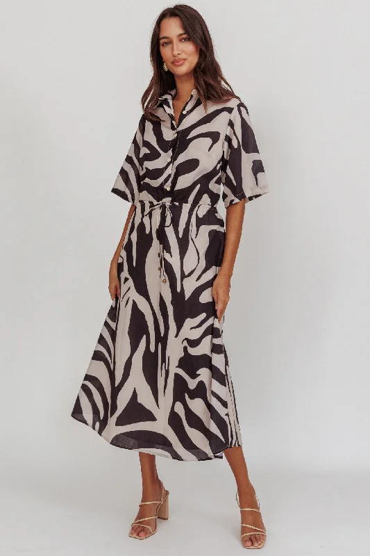 Tiki Boxy Sleeve Print A-line Midi Dress Beige performance performance