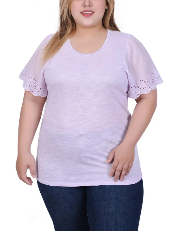 Plus Size Short Flutter Eyelet Sleeve Top Casual Women's Loose - fitting Casual Women's Loose - fitting Plus Size Short Flutter Eyelet Sleeve Top Casual Women's Loose - fitting Casual Women's Loose - fitting