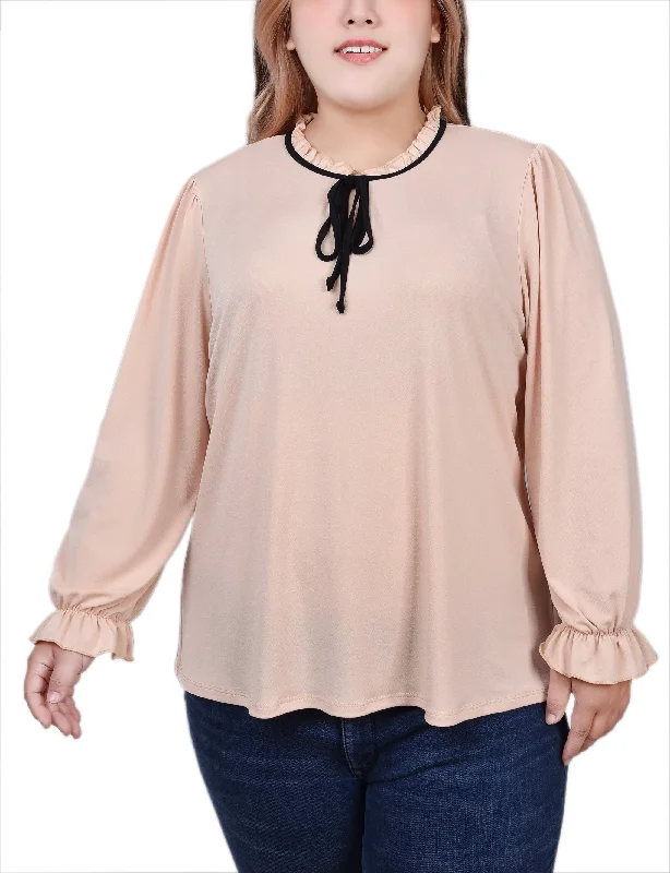 Plus Size Long Sleeve Tie Neck Top Business Business