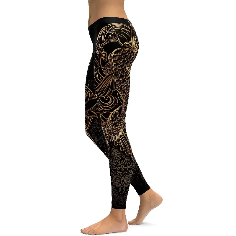 Golden Oriental Koi Fish Leggings Scandinavian Scandinavian