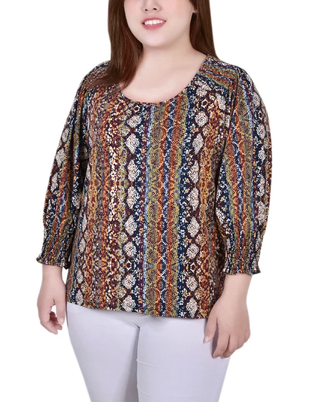 Plus Size 3/4 Smocked Detail Top Sporty Women's Tennis Sporty Women's Tennis