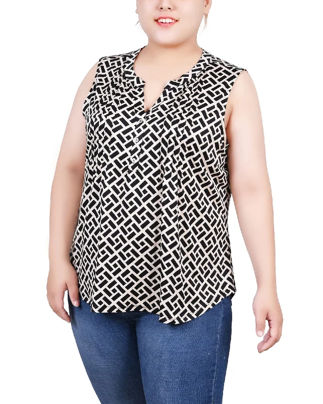 Plus Size Sleeveless Knit Y Neck Top Geometric Geometric