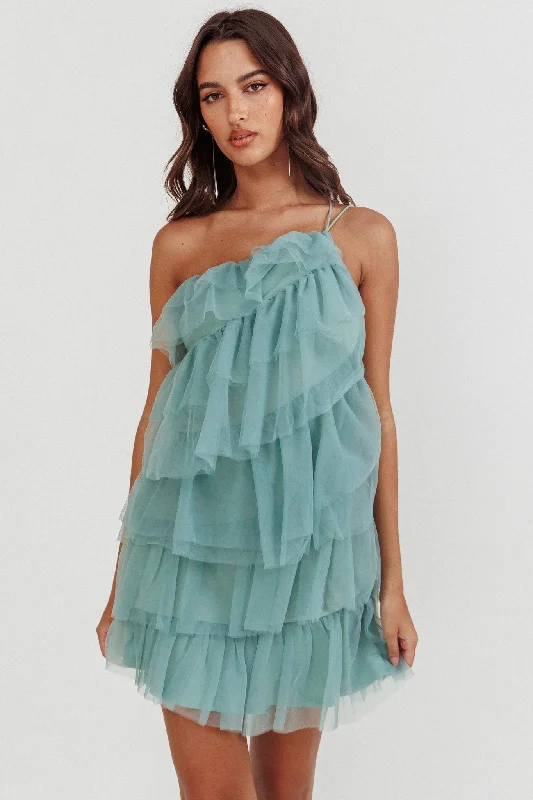 Arrabel Tiered Ruffle Mesh Mini Dress Sage Bohemian Women's Free Bohemian Women's Free