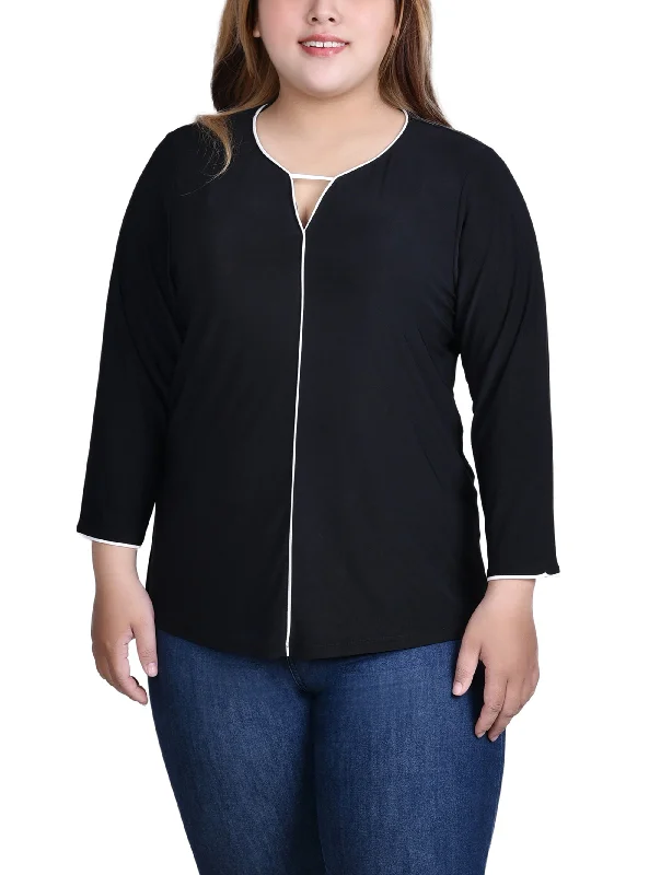 Plus Size 3/4 Sleeve Piped Top Youthful Women's Pop Youthful Women's Pop