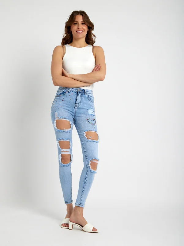 Jean skinny destroy orné de perles et strass Athletic Women's  Athletic Women's 