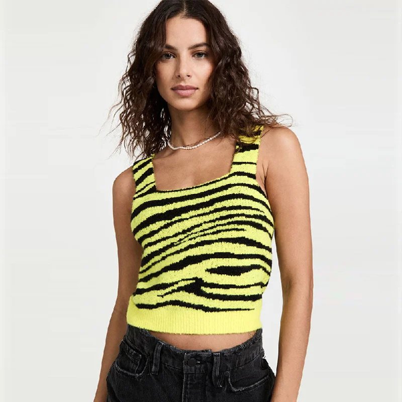Yellow Zebra Print Square Neck Suspender Strap Eyelash Knit Tank Top Stylish Women's Tropical Stylish Women's Tropical Yellow Zebra Print Square Neck Suspender Strap Eyelash Knit Tank Top Stylish Women's Tropical Stylish Women's Tropical