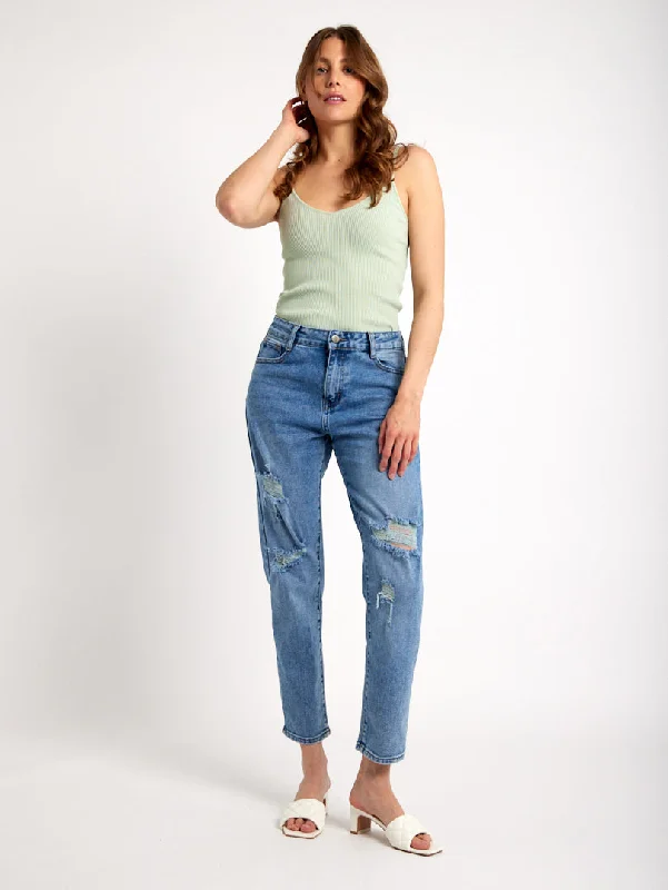 Jean droit destroy bleu Monochromatic All - in - one Monochromatic All - in - one