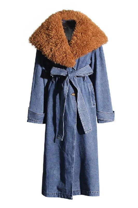 Retro Faux Fur Collar Button Up Belted Cinch Waist Denim Trench Coat Rugged Women's Outdoor Rugged Women's Outdoor Retro Faux Fur Collar Button Up Belted Cinch Waist Denim Trench Coat Rugged Women's Outdoor Rugged Women's Outdoor