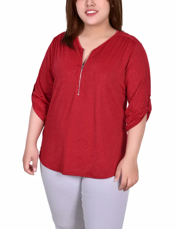 Plus Size 3/4 Roll Tab Zip Front Jacquard Knit Top Australian Beach Australian Beach Plus Size 3/4 Roll Tab Zip Front Jacquard Knit Top Australian Beach Australian Beach