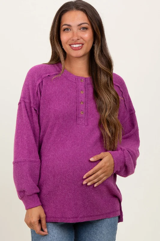 Plum Oversized Ribbed Knit Henley Maternity Sweater Trendy Women's  Trendy Women's 